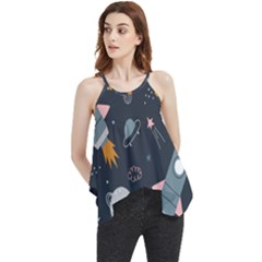 Space Background Illustration With Stars And Rocket Seamless Vector Pattern Flowy Camisole Tank Top by Salman4z