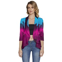 Futuristic Cityscape Women s 3/4 Sleeve Ruffle Edge Open Front Jacket by Salman4z