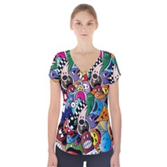 Cartoon Explosion Cartoon Characters Funny Short Sleeve Front Detail Top by Salman4z