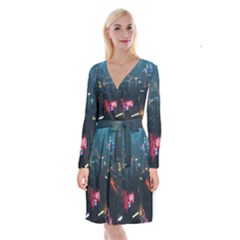 Cityscape Digital Art Long Sleeve Velvet Front Wrap Dress by Salman4z