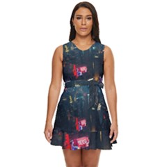 Cityscape Digital Art Waist Tie Tier Mini Chiffon Dress