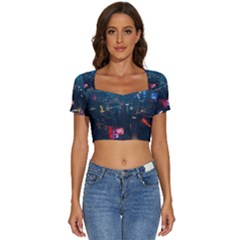 Cityscape Digital Art Short Sleeve Square Neckline Crop Top 