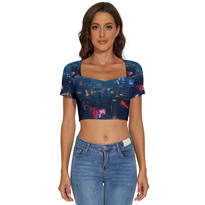 Cityscape Digital Art Short Sleeve Square Neckline Crop Top 