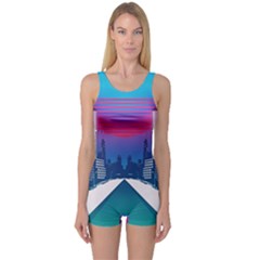 Retro Cityscape Artist Artwork Digital Art One Piece Boyleg Swimsuit