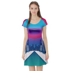 Retro Cityscape Artist Artwork Digital Art Short Sleeve Skater Dress