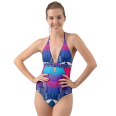 Retro Cityscape Artist Artwork Digital Art Halter Cut-Out One Piece Swimsuit