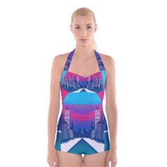 Retro Cityscape Artist Artwork Digital Art Boyleg Halter Swimsuit 