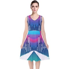 Retro Cityscape Artist Artwork Digital Art V-Neck Midi Sleeveless Dress 