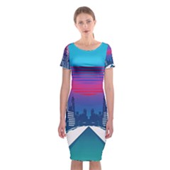 Retro Cityscape Artist Artwork Digital Art Classic Short Sleeve Midi Dress