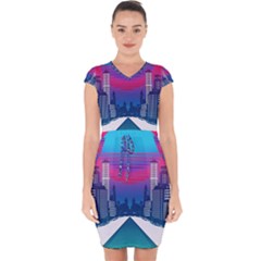 Retro Cityscape Artist Artwork Digital Art Capsleeve Drawstring Dress 