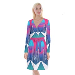 Retro Cityscape Artist Artwork Digital Art Long Sleeve Velvet Front Wrap Dress