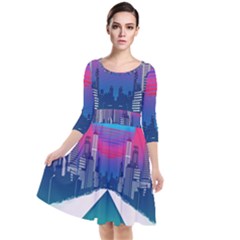 Retro Cityscape Artist Artwork Digital Art Quarter Sleeve Waist Band Dress