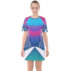 Retro Cityscape Artist Artwork Digital Art Sixties Short Sleeve Mini Dress