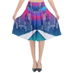 Retro Cityscape Artist Artwork Digital Art Flared Midi Skirt