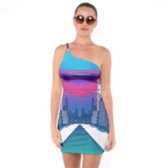 Retro Cityscape Artist Artwork Digital Art One Shoulder Ring Trim Bodycon Dress