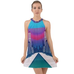 Retro Cityscape Artist Artwork Digital Art Halter Tie Back Chiffon Dress