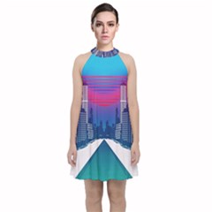 Retro Cityscape Artist Artwork Digital Art Velvet Halter Neckline Dress 