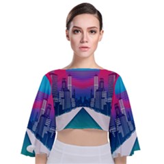 Retro Cityscape Artist Artwork Digital Art Tie Back Butterfly Sleeve Chiffon Top