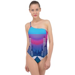 Retro Cityscape Artist Artwork Digital Art Classic One Shoulder Swimsuit