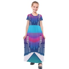 Retro Cityscape Artist Artwork Digital Art Kids  Short Sleeve Maxi Dress