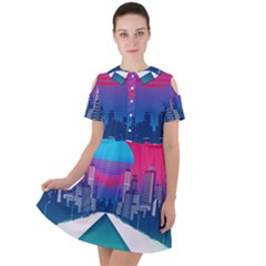 Retro Cityscape Artist Artwork Digital Art Short Sleeve Shoulder Cut Out Dress 