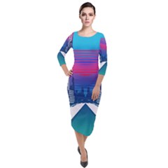 Retro Cityscape Artist Artwork Digital Art Quarter Sleeve Midi Velour Bodycon Dress