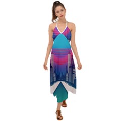 Retro Cityscape Artist Artwork Digital Art Halter Tie Back Dress 