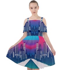 Retro Cityscape Artist Artwork Digital Art Cut Out Shoulders Chiffon Dress