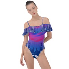 Retro Cityscape Artist Artwork Digital Art Frill Detail One Piece Swimsuit