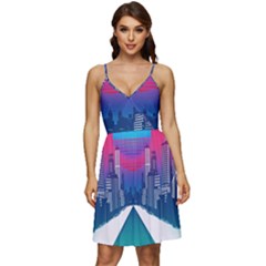 Retro Cityscape Artist Artwork Digital Art V-Neck Pocket Summer Dress 