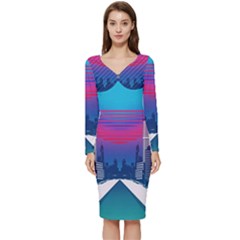 Retro Cityscape Artist Artwork Digital Art Long Sleeve V-Neck Bodycon Dress 