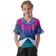 Retro Cityscape Artist Artwork Digital Art Kids  V-Neck Horn Sleeve Blouse