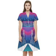 Retro Cityscape Artist Artwork Digital Art Short Sleeve Waist Detail Dress