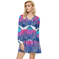 Retro Cityscape Artist Artwork Digital Art Tiered Long Sleeve Mini Dress