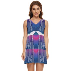 Retro Cityscape Artist Artwork Digital Art Tiered Sleeveless Mini Dress