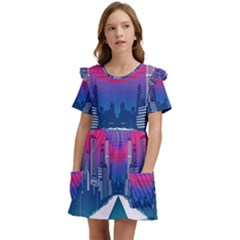 Retro Cityscape Artist Artwork Digital Art Kids  Frilly Sleeves Pocket Dress