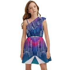 Retro Cityscape Artist Artwork Digital Art Kids  One Shoulder Party Dress