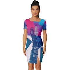 Retro Cityscape Artist Artwork Digital Art Fitted Knot Split End Bodycon Dress