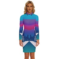 Retro Cityscape Artist Artwork Digital Art Long Sleeve Shirt Collar Bodycon Dress