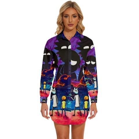 Rick And Morty In Outer Space Womens Long Sleeve Shirt Dress by Salman4z