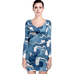 Waves Aesthetics Illustration Japanese Long Sleeve Bodycon Dress