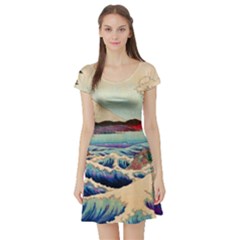 Wave Japanese Mount Fuji Woodblock Print Ocean Short Sleeve Skater Dress by Salman4z