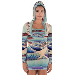 Wave Japanese Mount Fuji Woodblock Print Ocean Long Sleeve Hooded T-shirt by Salman4z