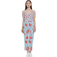 Strawberry V-neck Spaghetti Strap Tie Front Jumpsuit