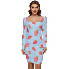 Strawberry Women Long Sleeve Ruched Stretch Jersey Dress