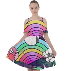 Rainbow Fun Cute Minimal Doodle Drawing Art Cut Out Shoulders Chiffon Dress