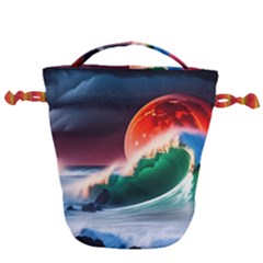 Sea Ocean Waves Rocks Sunset Artwork Drawstring Bucket Bag by Jancukart