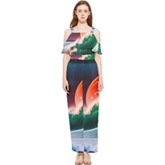 Sea Ocean Waves Rocks Sunset Artwork Draped Sleeveless Chiffon Jumpsuit by Jancukart