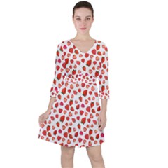 Watercolor Strawberry Quarter Sleeve Ruffle Waist Dress by SychEva