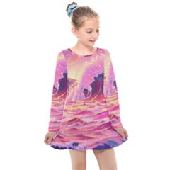 Waves Ocean Sea Tsunami Nautical 5 Kids  Long Sleeve Dress by Jancukart